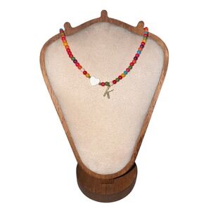 Colorful Beaded Necklace Gold‎ Initial K & Heart Charm Trendy Fun Fashion